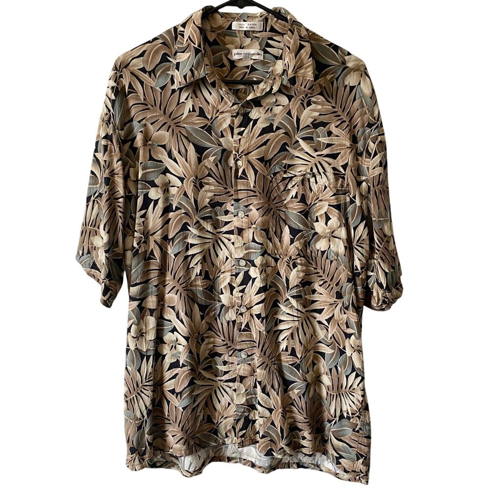 PIERRE CARDIN Men's Rayon Tropical Hawaiian Button Down Shirt Tan Size Large